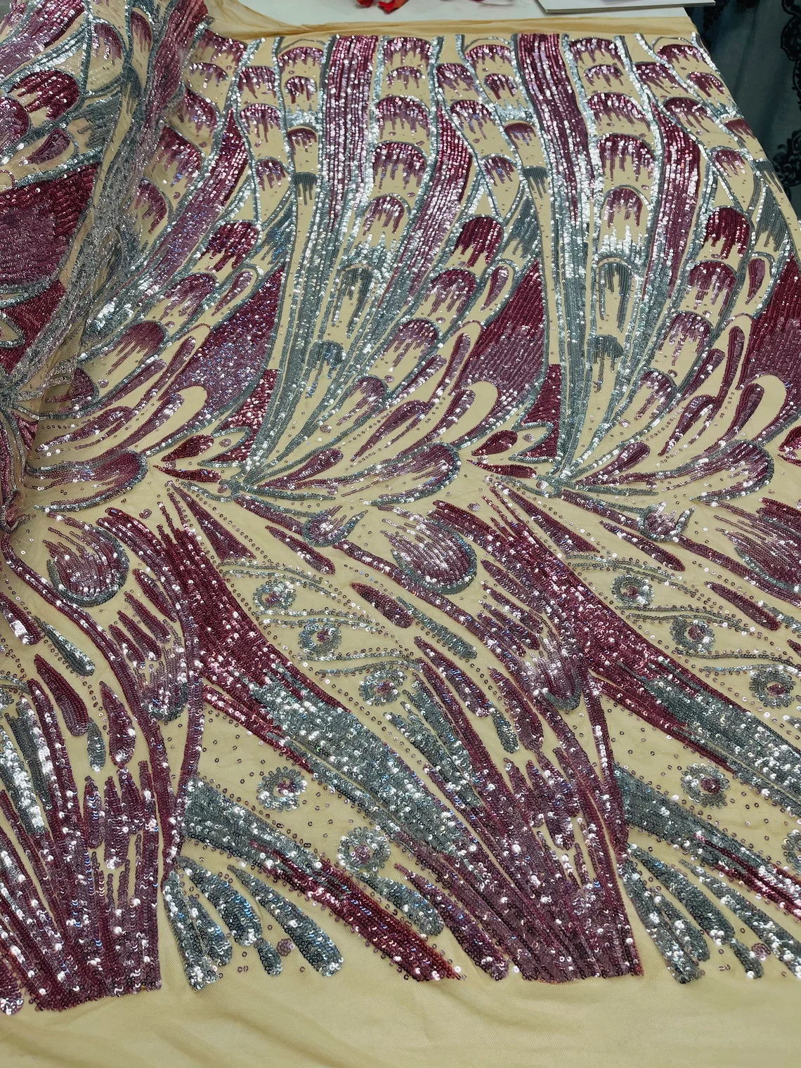 Multi-Color Sequins Design - Magenta Iridescent - 4 Way Stretch Sequins Fabric By The Yard