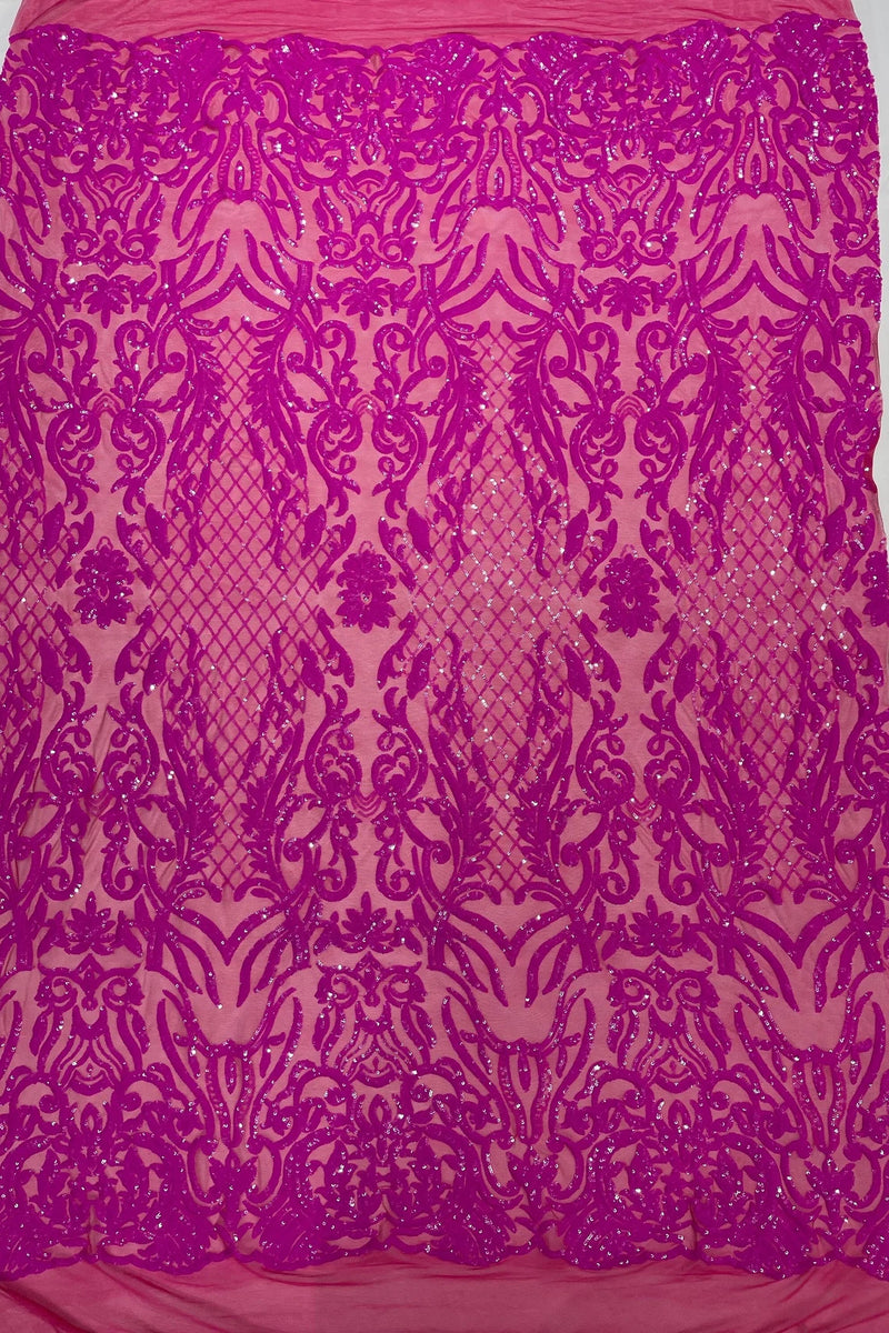 4 Way Stretch Fabric - Magenta Iridescent - Sequins Design on Spandex Mesh Fashion Fabric