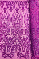 Big Damask Sequins Fabric - Magenta Iridescent - 4 Way Stretch Damask Sequins Design Fabric By Yard