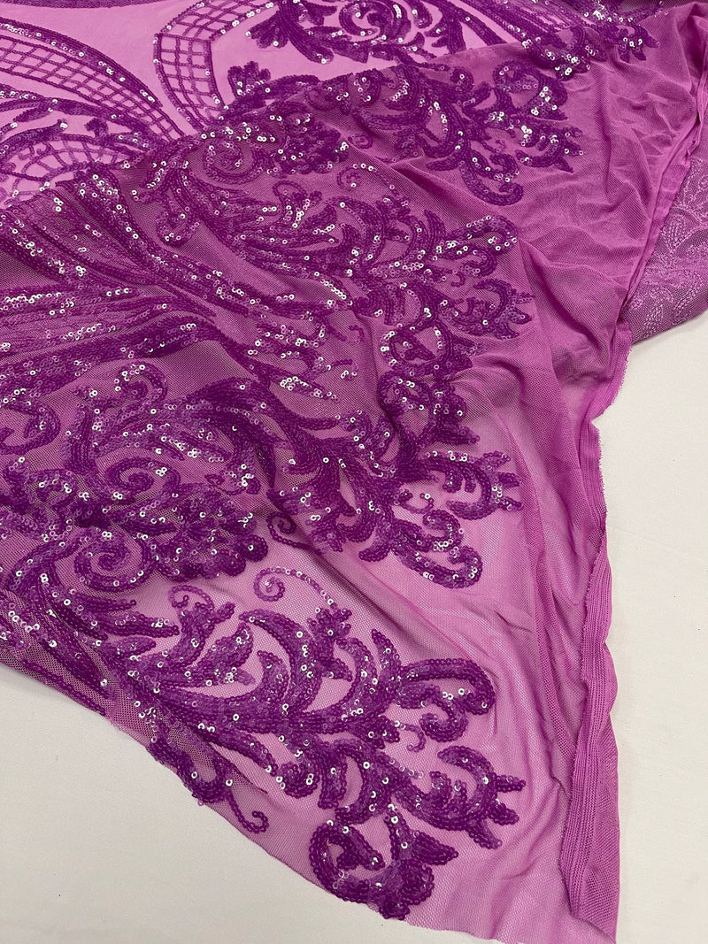 Big Damask Sequins Fabric - Magenta Iridescent - 4 Way Stretch Damask Sequins Design Fabric By Yard