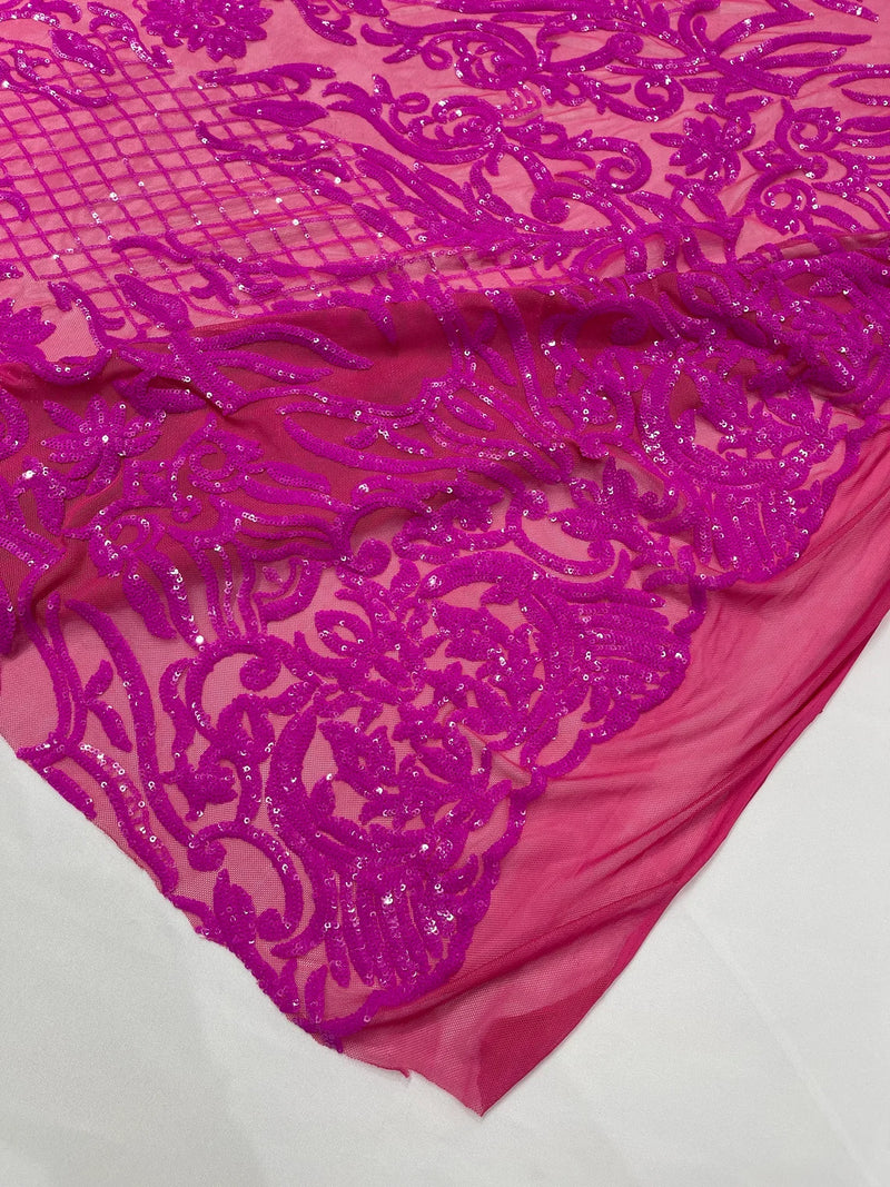 4 Way Stretch Fabric - Magenta Iridescent - Sequins Design on Spandex Mesh Fashion Fabric