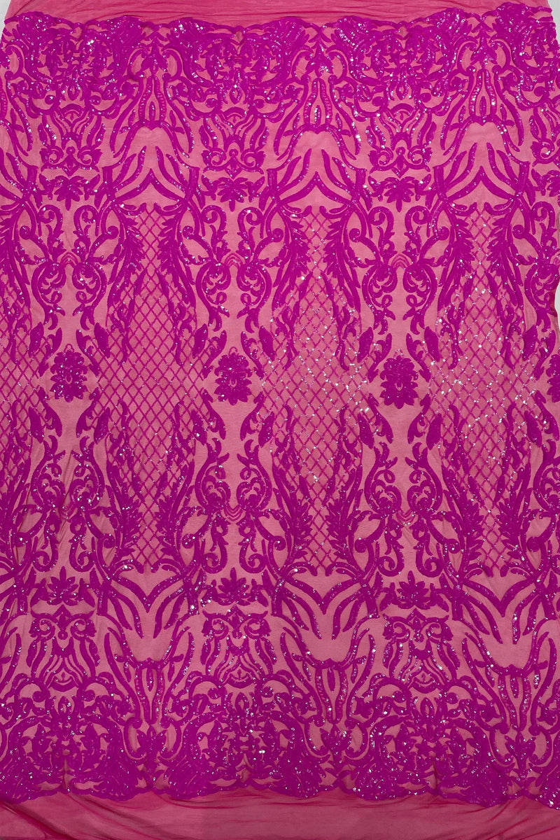 4 Way Stretch Fabric - Magenta Iridescent - Sequins Design on Spandex Mesh Fashion Fabric