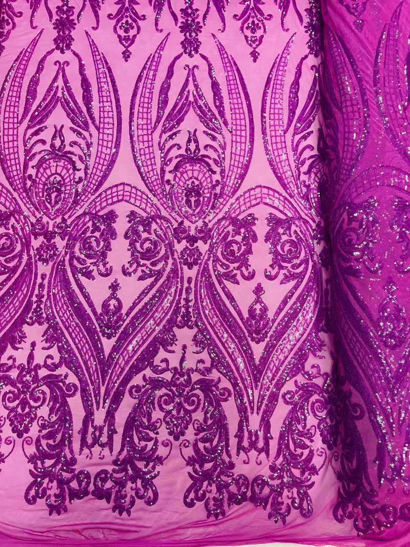 Big Damask Sequins Fabric - Magenta Iridescent - 4 Way Stretch Damask Sequins Design Fabric By Yard