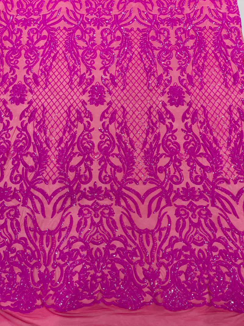 4 Way Stretch Fabric - Magenta Iridescent - Sequins Design on Spandex Mesh Fashion Fabric