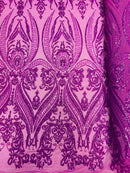 Big Damask Sequins Fabric - Magenta Iridescent - 4 Way Stretch Damask Sequins Design Fabric By Yard
