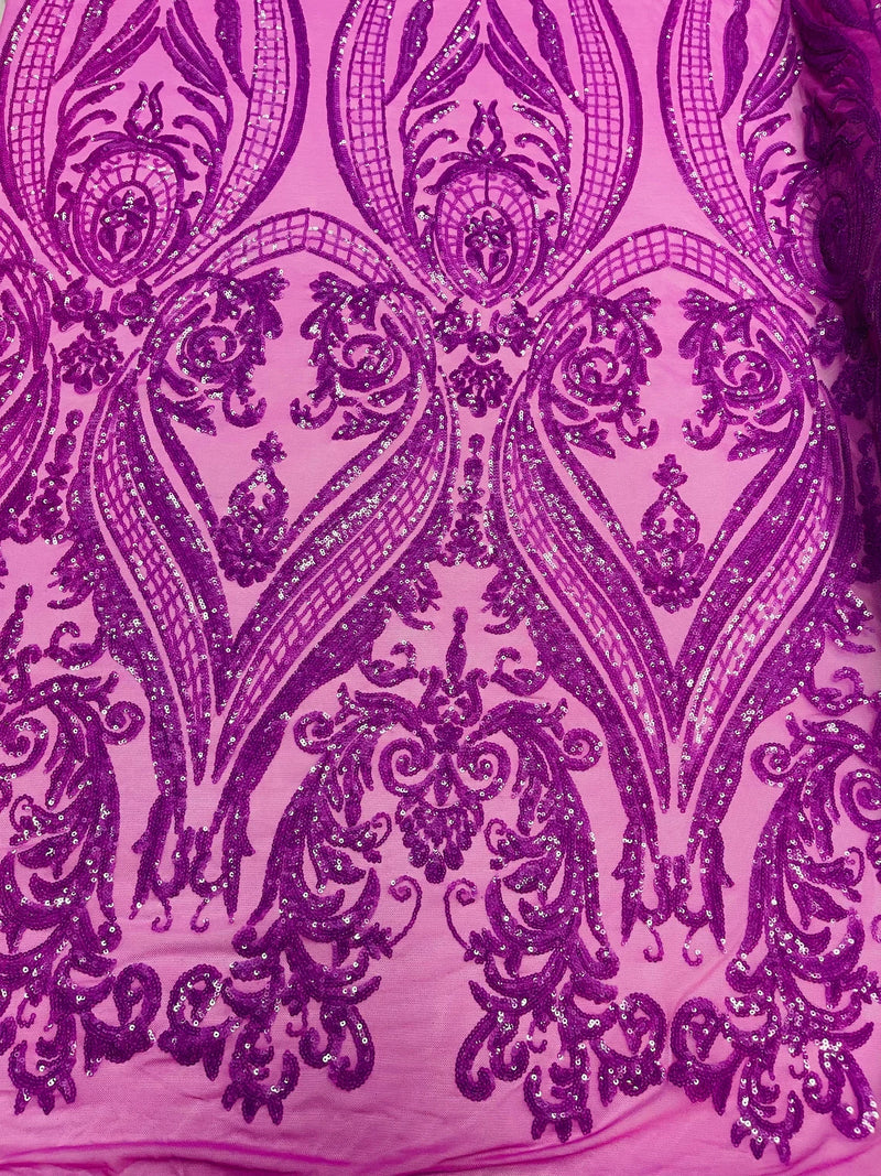Big Damask Sequins Fabric - Magenta Iridescent - 4 Way Stretch Damask Sequins Design Fabric By Yard