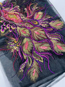 Peacock Feathers Lace Fabric - Magenta on Black - Peacock Feather Design on Lace Mesh Fabric Sold by Panel
