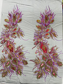 Peacock Feathers Lace Fabric - Magenta on Black - Peacock Feather Design on Lace Mesh Fabric Sold by Panel