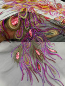 Peacock Feathers Lace Fabric - Magenta on Black - Peacock Feather Design on Lace Mesh Fabric Sold by Panel