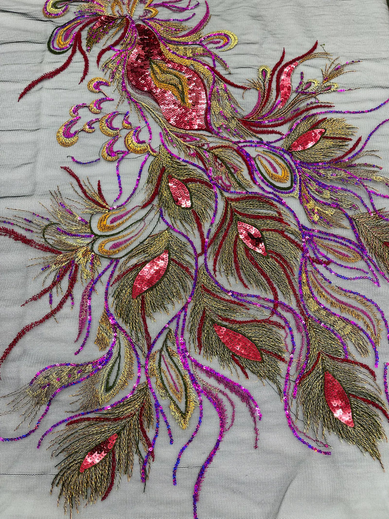 Peacock Feathers Lace Fabric - Magenta on Black - Peacock Feather Design on Lace Mesh Fabric Sold by Panel