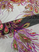 Peacock Feathers Lace Fabric - Magenta on Black - Peacock Feather Design on Lace Mesh Fabric Sold by Panel