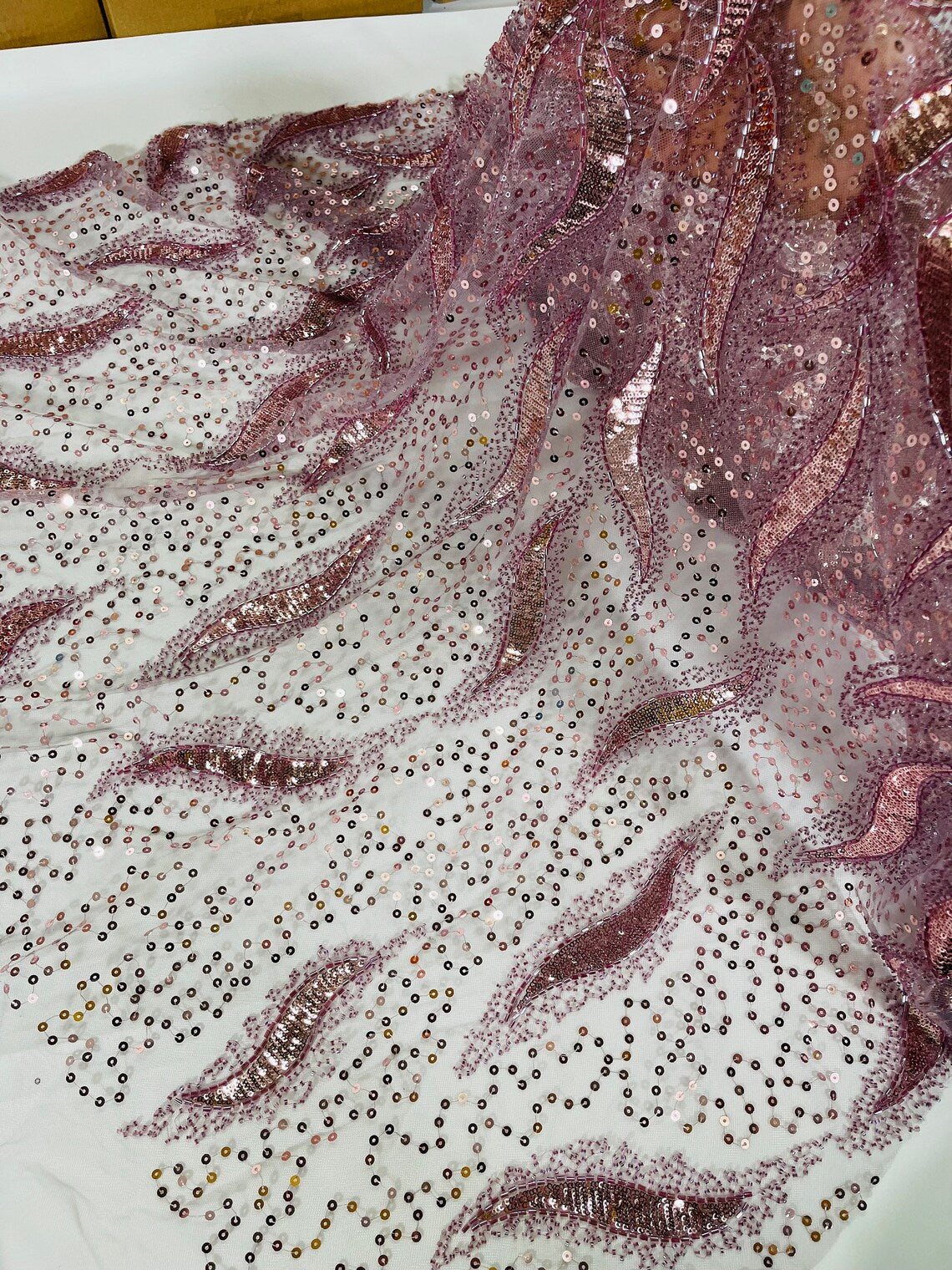 Beaded Fire Design Fabric - Mauve - Fire Flame Design Sequins and Beads on Mesh by Yard