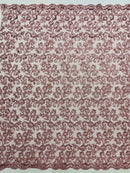 Corded Sequin Floral Fabric - Mauve - Embroidery Design With Sequins on a Mesh Lace Fabric Sold By Yard