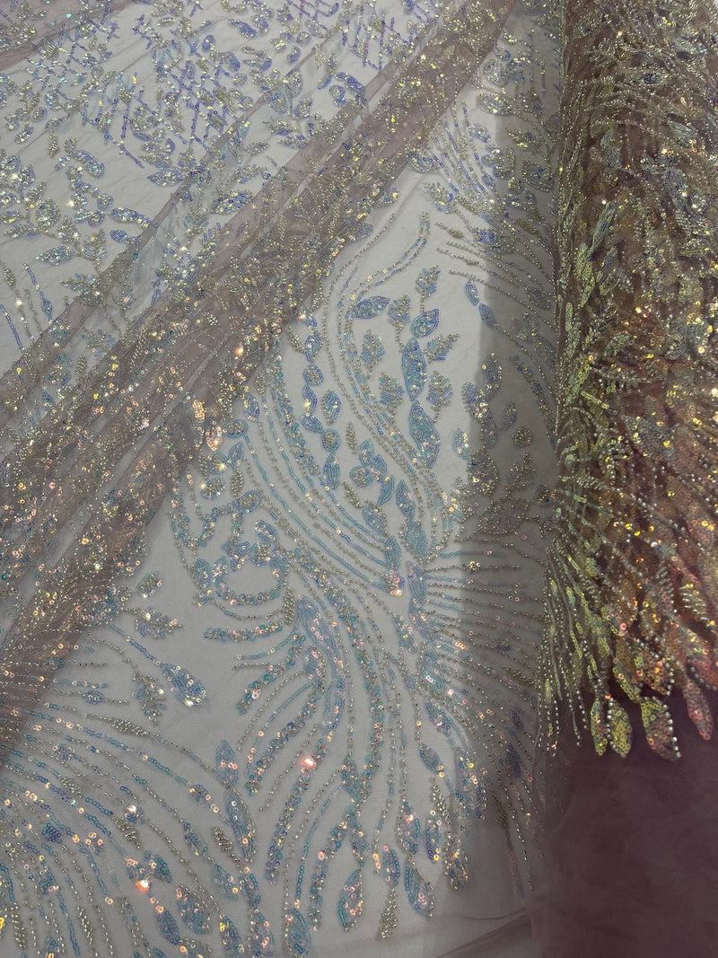 Clear Iridescent Leaf Design - Clear on Mauve - Embroidered Beaded Sequins Mesh Fabric by Yard