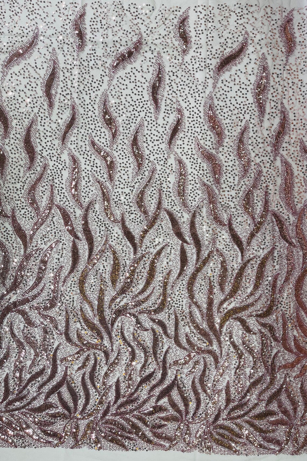 Beaded Fire Design Fabric - Mauve - Fire Flame Design Sequins and Beads on Mesh by Yard
