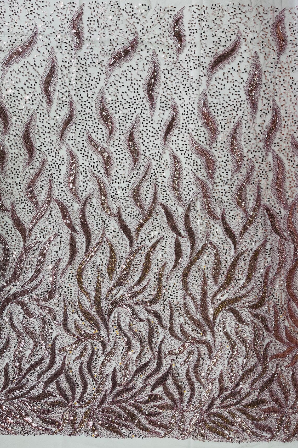 Beaded Fire Design Fabric - Mauve - Fire Flame Design Sequins and Beads on Mesh by Yard