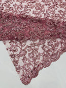 Corded Sequin Floral Fabric - Mauve - Embroidery Design With Sequins on a Mesh Lace Fabric Sold By Yard