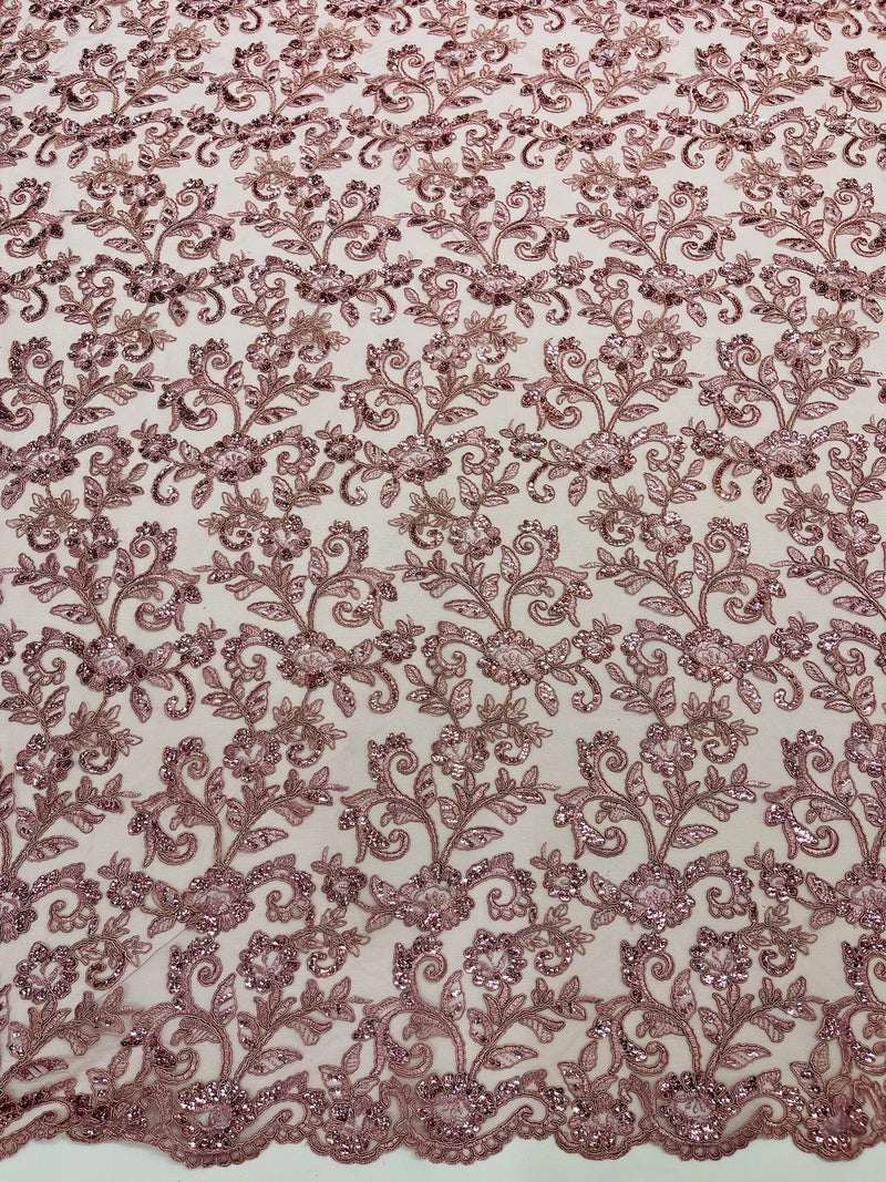 Mauve Embroidered Sequin Floral Mesh Fabric