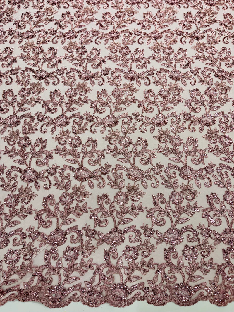 Corded Sequin Floral Fabric - Mauve - Embroidery Design With Sequins on a Mesh Lace Fabric Sold By Yard