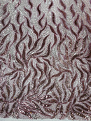 Beaded Fire Design Fabric - Mauve - Fire Flame Design Sequins and Beads on Mesh by Yard