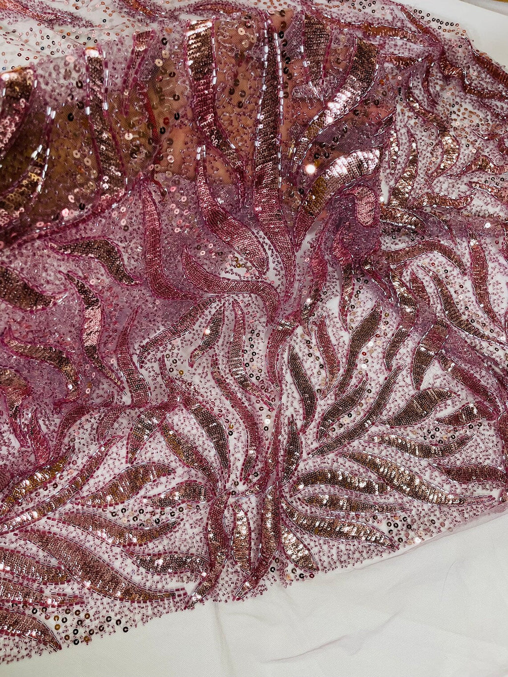 Beaded Fire Design Fabric - Mauve - Fire Flame Design Sequins and Beads on Mesh by Yard