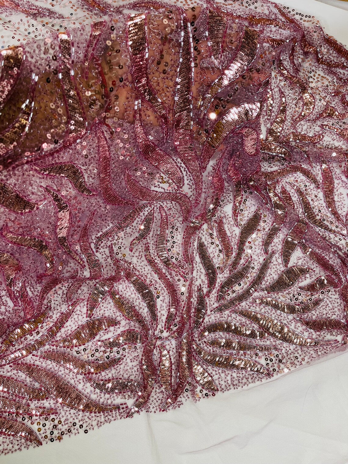 Beaded Fire Design Fabric - Mauve - Fire Flame Design Sequins and Beads on Mesh by Yard