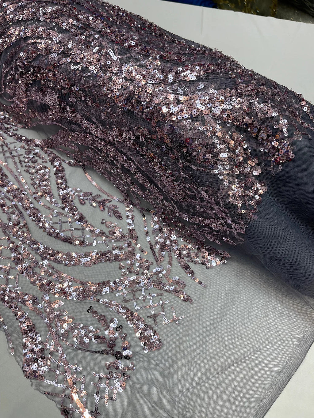 Floral Beaded Wavy Fabric - Light Plum on Black - Beaded Sequins Wavy Embroidered Fabric Sold By Yard