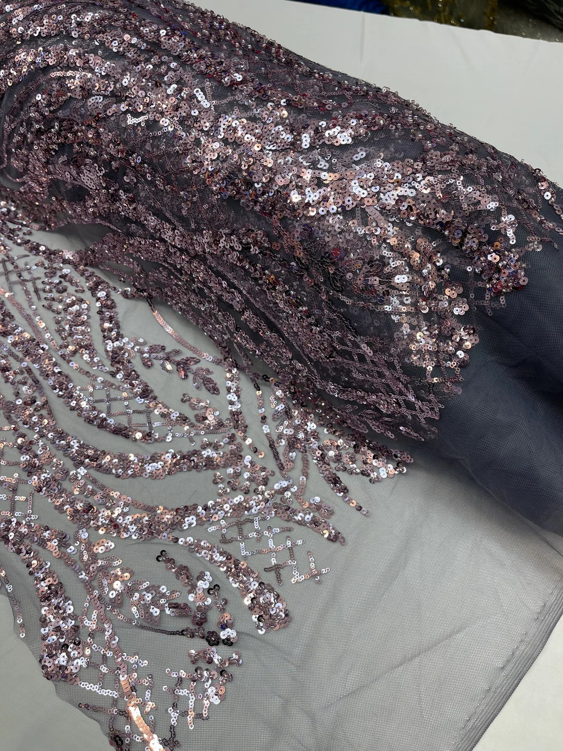 Floral Beaded Wavy Fabric - Light Plum on Black - Beaded Sequins Wavy Embroidered Fabric Sold By Yard