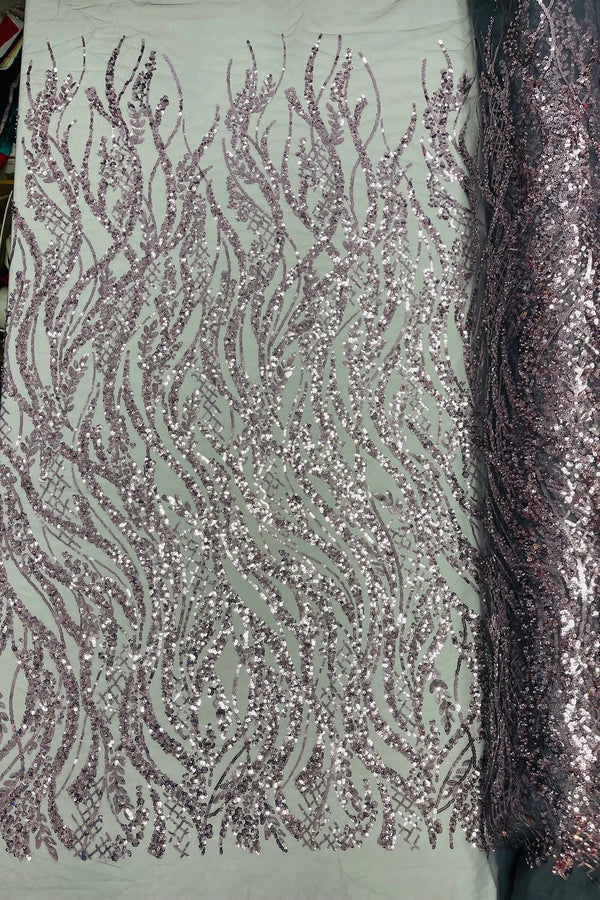 Floral Beaded Wavy Fabric - Light Plum on Black - Beaded Sequins Wavy Embroidered Fabric Sold By Yard