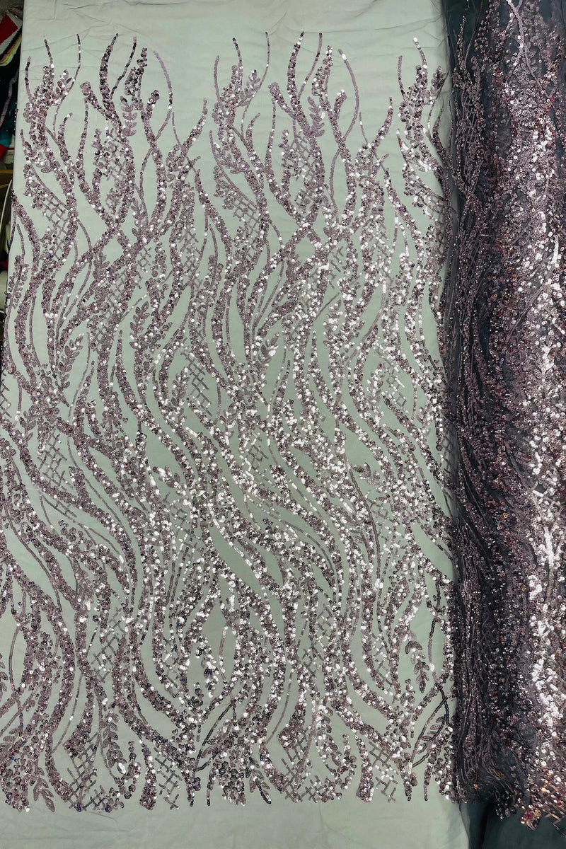 Floral Beaded Wavy Fabric - Light Plum on Black - Beaded Sequins Wavy Embroidered Fabric Sold By Yard