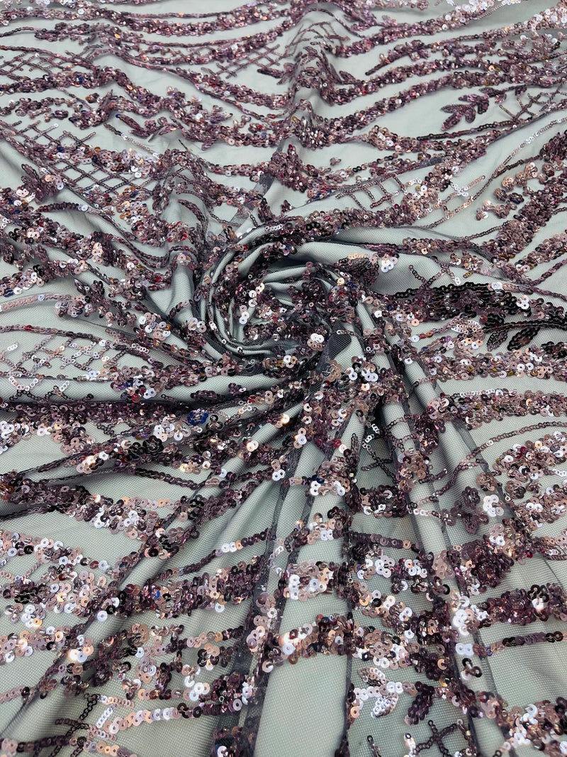 Floral Beaded Wavy Fabric - Light Plum on Black - Beaded Sequins Wavy Embroidered Fabric Sold By Yard