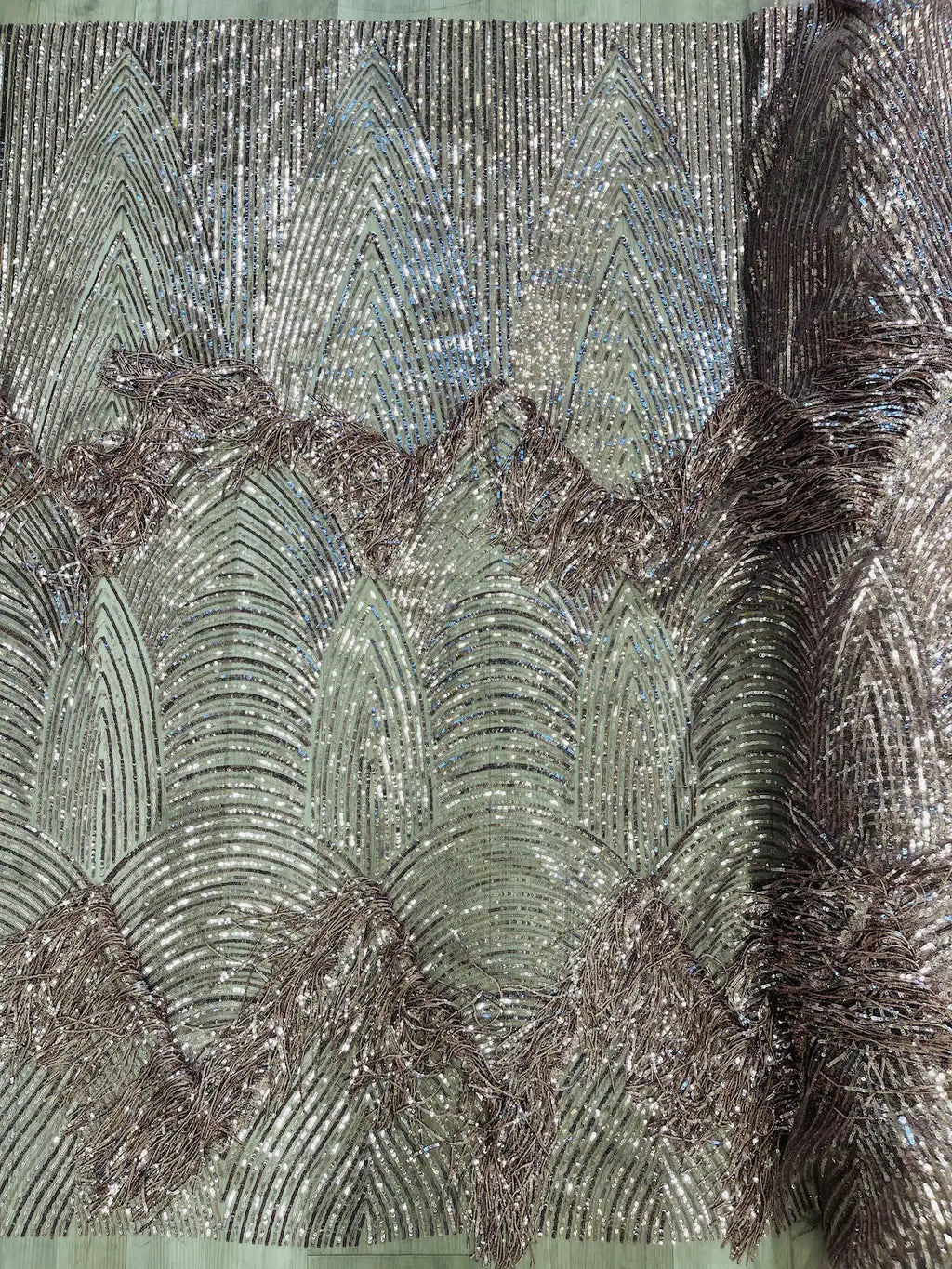 Fringe Sequins Fabric - Mauve - 2 Way Stretch Glamorous Fringe Design on Mesh By Yard