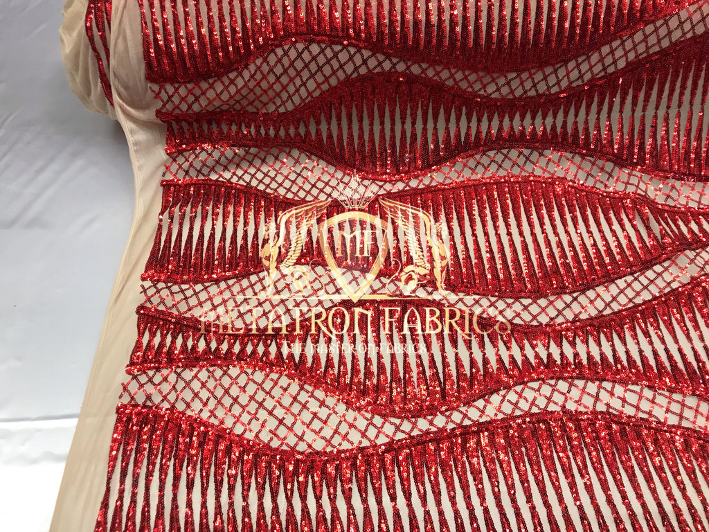 4 Way Stretch - Red - Horizontal Line Design Sequins On Stretch Mesh By The Yard