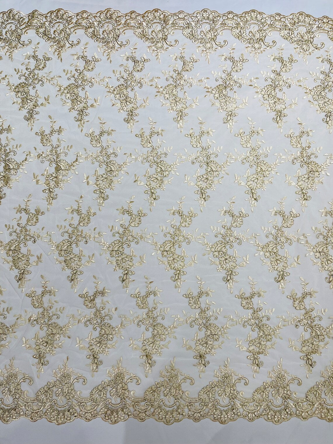 Floral Plant Lace Fabric - Metallic Beige - Embroidery Flower Small Leaf Design Lace Fabric Sold By Yard
