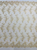 Floral Plant Lace Fabric - Metallic Beige - Embroidery Flower Small Leaf Design Lace Fabric Sold By Yard