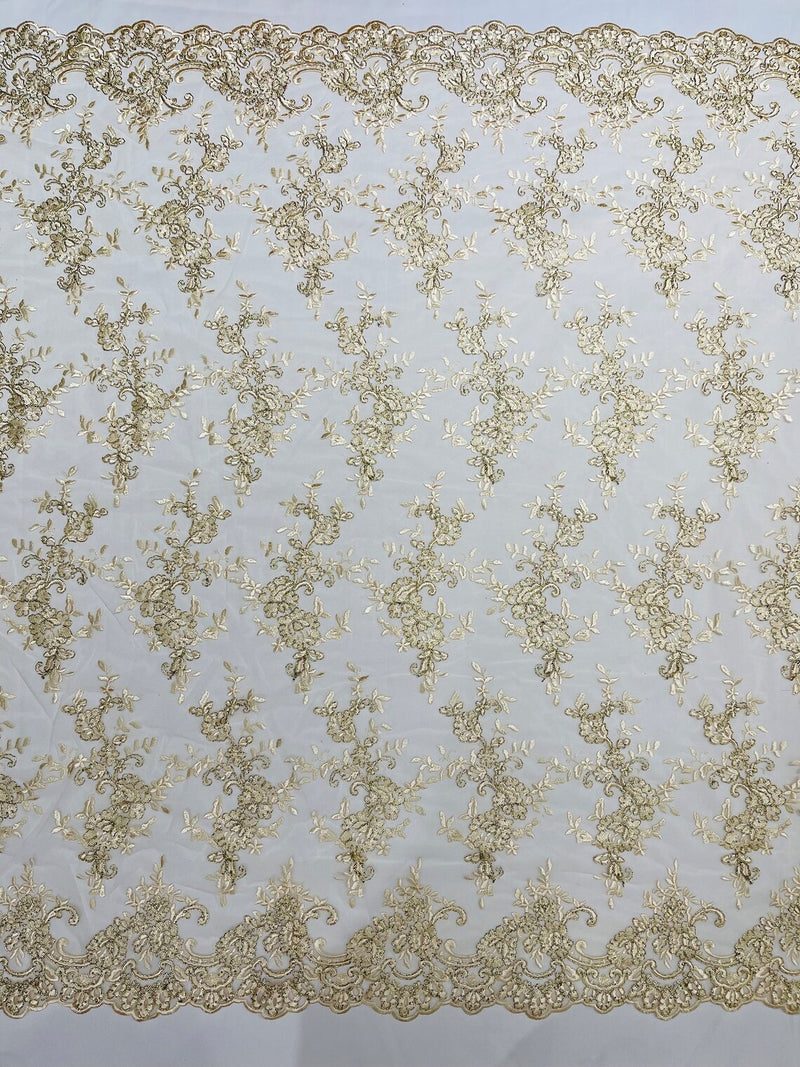 Floral Plant Lace Fabric - Metallic Beige - Embroidery Flower Small Leaf Design Lace Fabric Sold By Yard