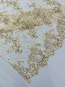 Floral Plant Lace Fabric - Metallic Beige - Embroidery Flower Small Leaf Design Lace Fabric Sold By Yard