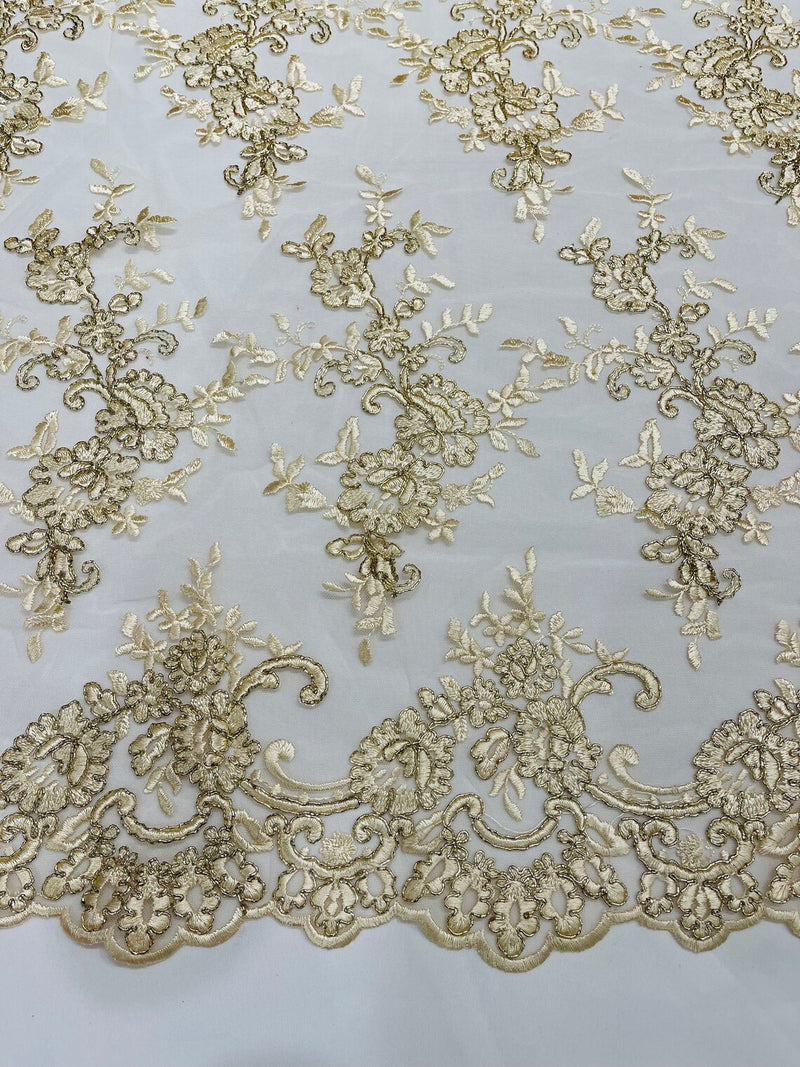 Floral Plant Lace Fabric - Metallic Beige - Embroidery Flower Small Leaf Design Lace Fabric Sold By Yard