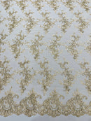 Floral Plant Lace Fabric - Metallic Beige - Embroidery Flower Small Leaf Design Lace Fabric Sold By Yard