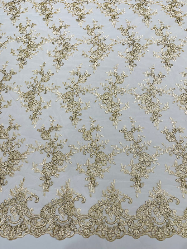 Floral Plant Lace Fabric - Metallic Beige - Embroidery Flower Small Leaf Design Lace Fabric Sold By Yard