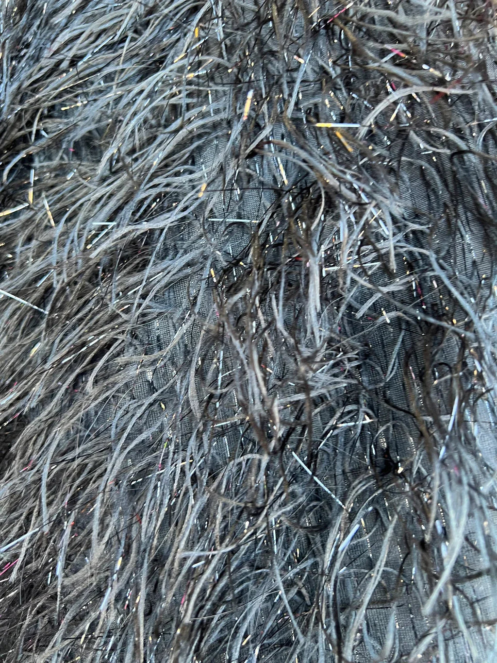 Metallic Eyelash Fabric - Black/Silver - Feather/Eyelash/Fringe Design on Mesh By Yard