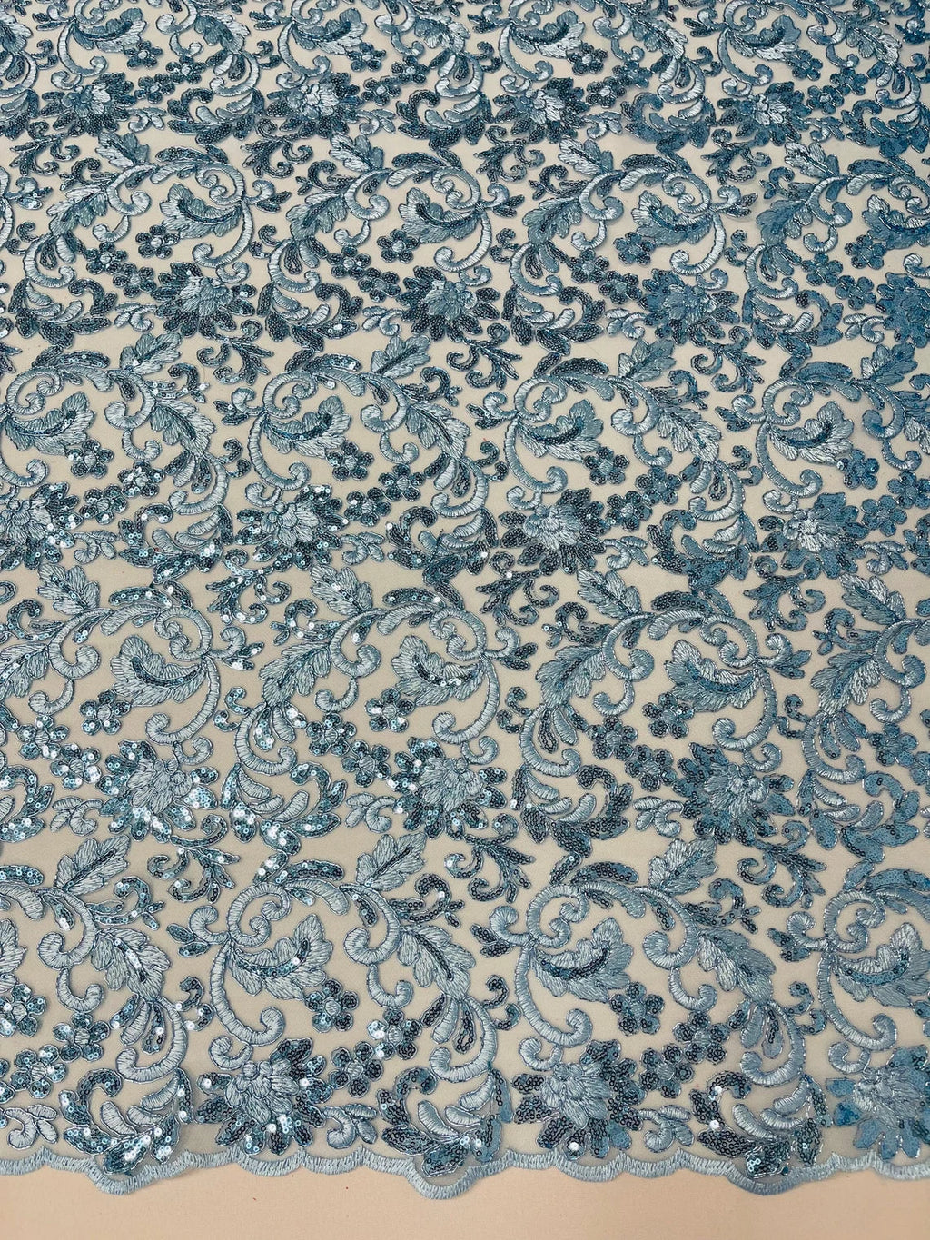 Metallic Floral Lace Fabric - Baby Blue - Embroidered Sequins Floral Design Sold By Yard