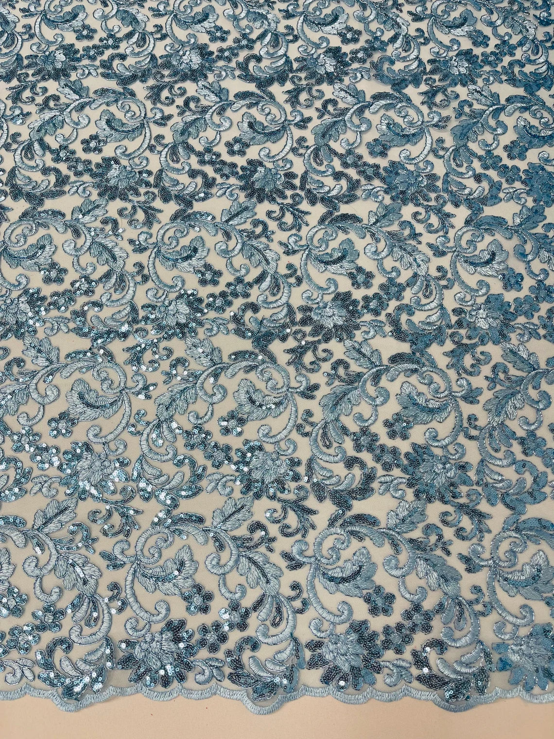 Metallic Floral Lace Fabric - Baby Blue - Embroidered Sequins Floral Design Sold By Yard