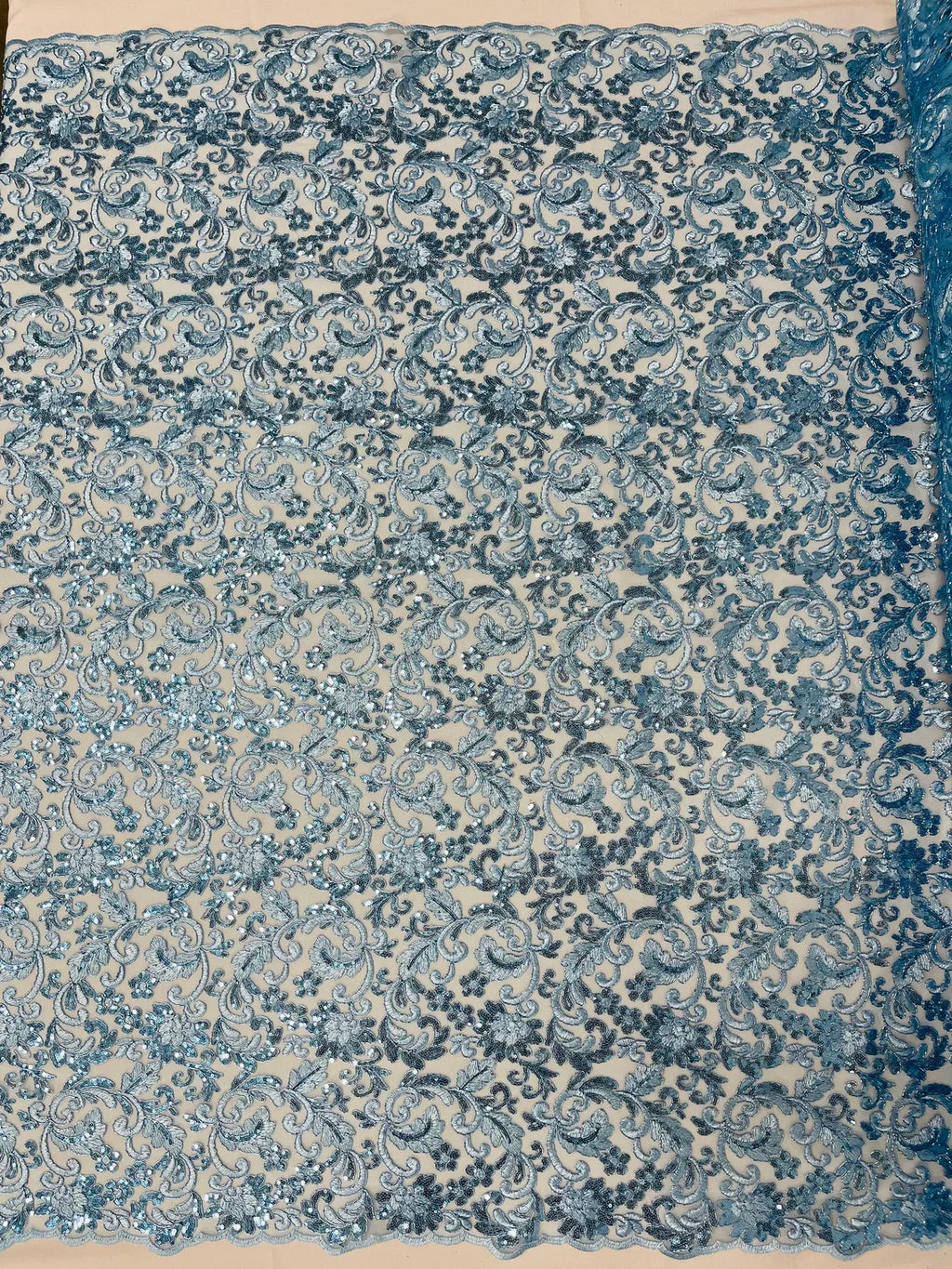 Metallic Floral Lace Fabric - Baby Blue - Embroidered Sequins Floral Design Sold By Yard
