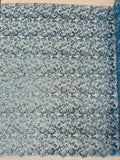 Metallic Floral Lace Fabric - Baby Blue - Embroidered Sequins Floral Design Sold By Yard