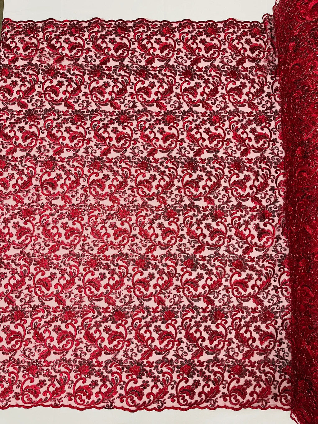 Metallic Floral Lace Fabric - Burgundy - Embroidered Sequins Floral Design Sold By Yard