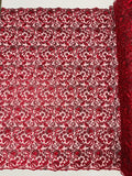 Metallic Floral Lace Fabric - Burgundy - Embroidered Sequins Floral Design Sold By Yard
