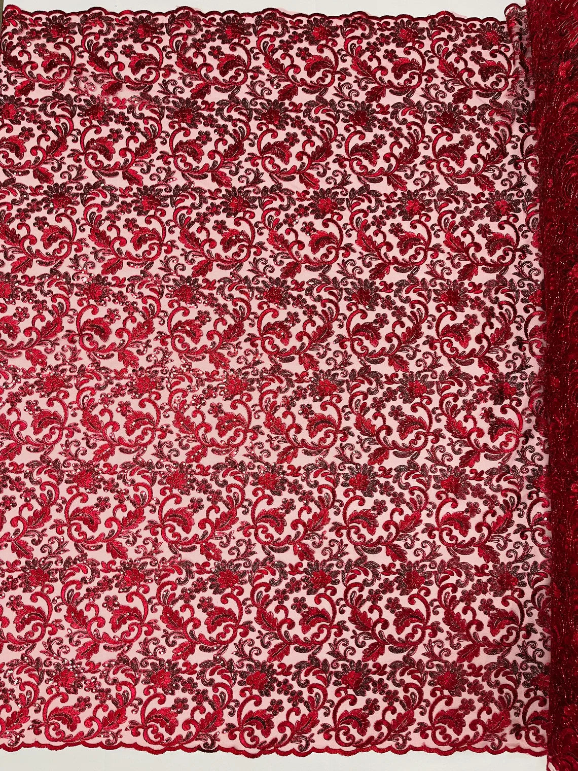 Metallic Floral Lace Fabric - Burgundy - Embroidered Sequins Floral Design Sold By Yard