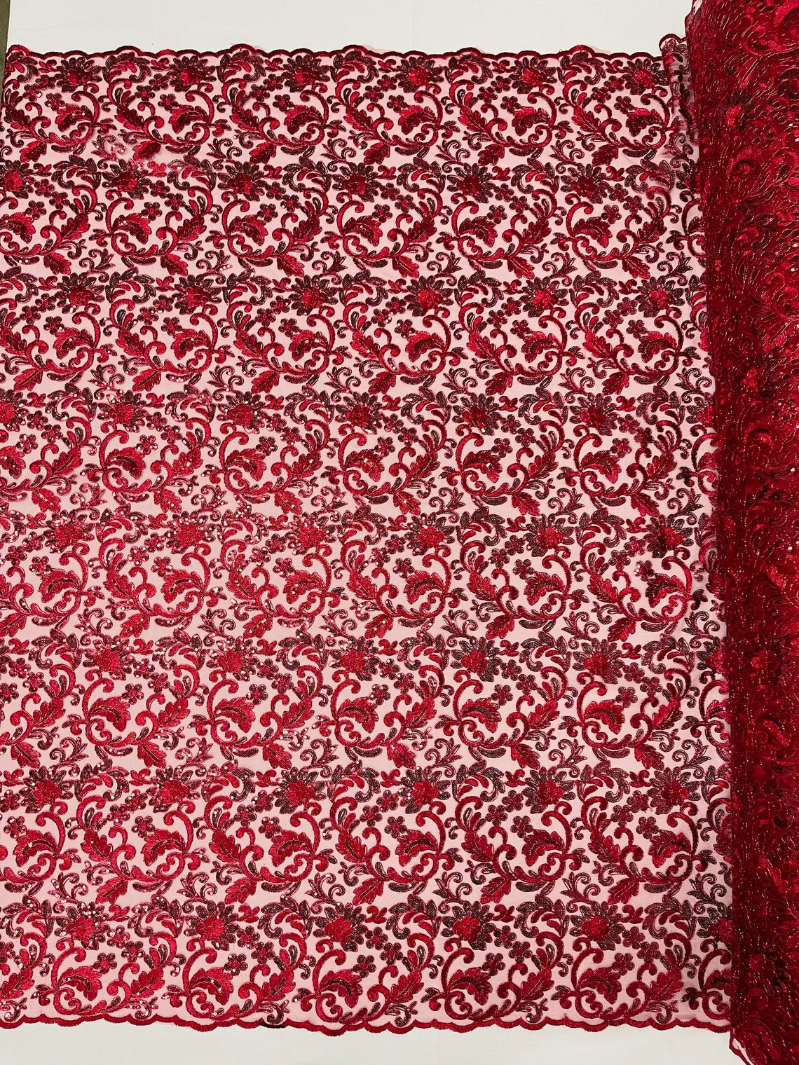 Metallic Floral Lace Fabric - Burgundy - Embroidered Sequins Floral Design Sold By Yard