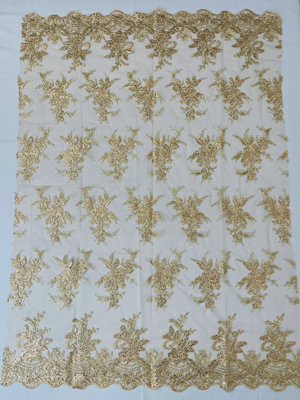 Floral Plant Lace Fabric - Metallic Champagne - Flower Plant Design Lace Sequins Fabric Sold By Yard